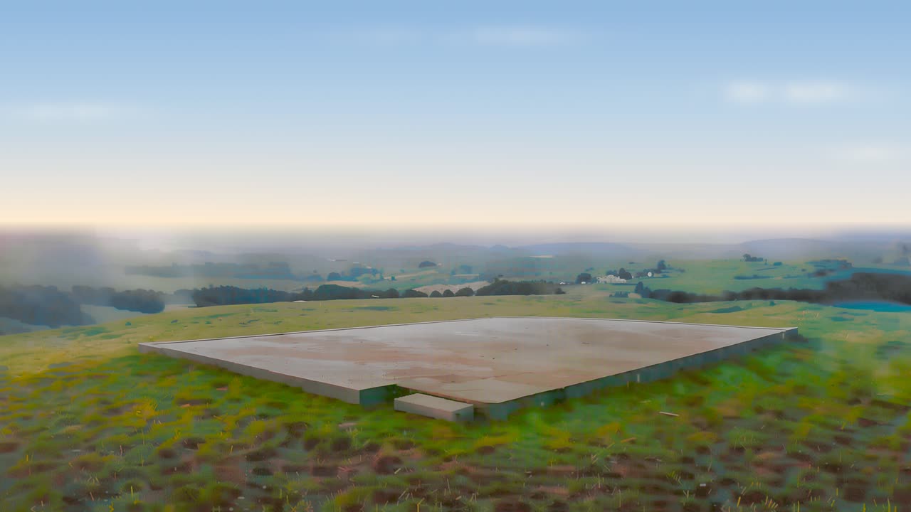 Concrete slab foundation on a grassy hillside at golden hour